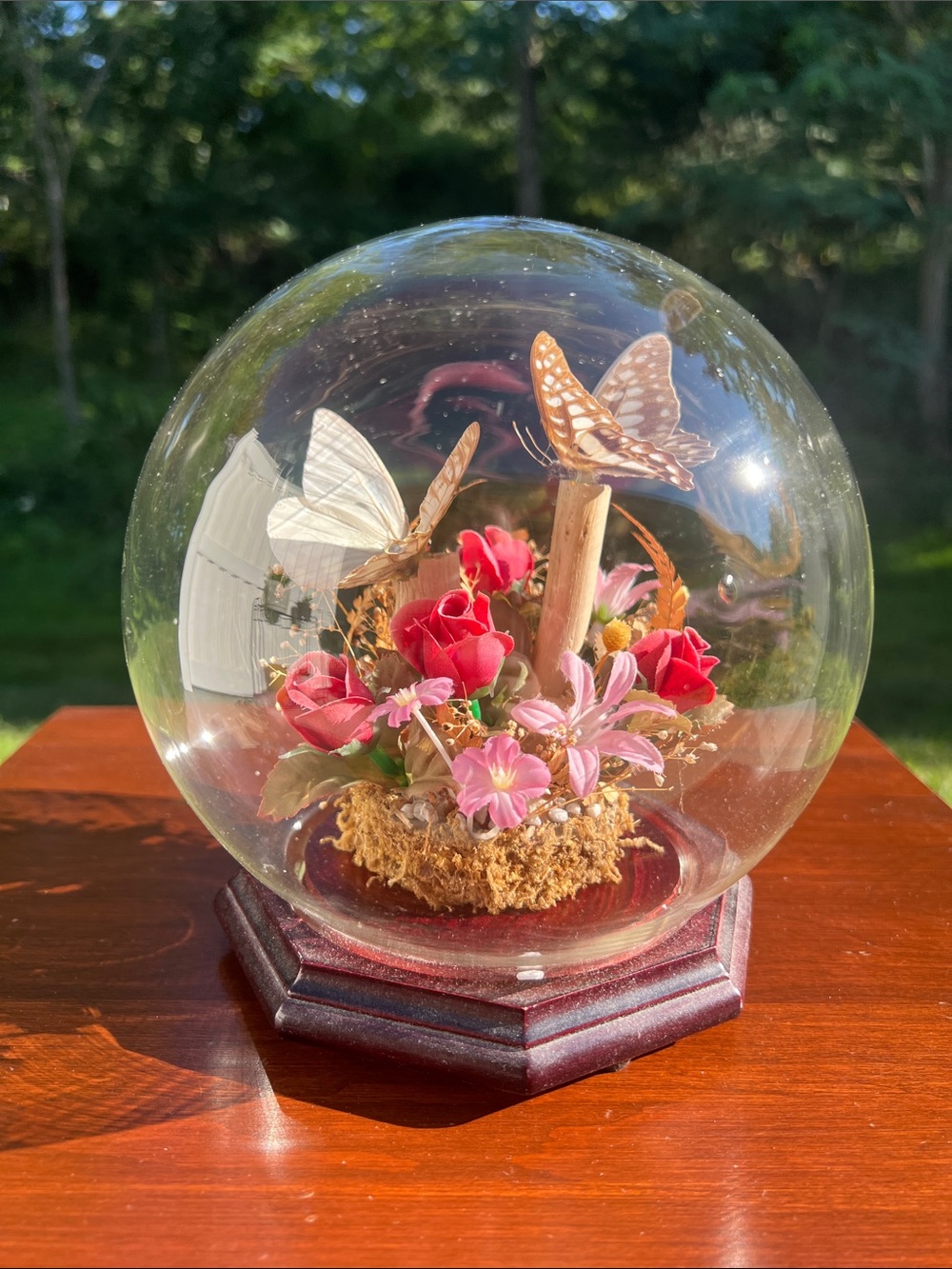 Vintage Real Butterfly Taxidermy Display with Faux Flowers Under Glass Dome